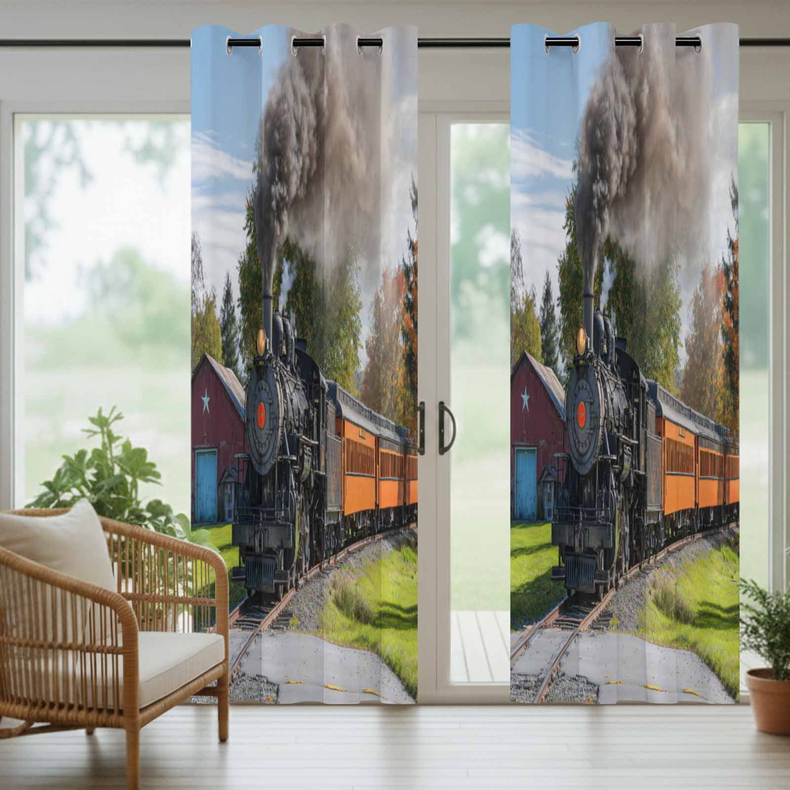 Outdoor Curtains for Patio Waterproof, Steam Train Windproof Pravicy Outside Porch Blackout Curtain, Railroad Country Barn Rustic Trees Farmhouse Sun Blocking Grommets Curtains for Cabana 54"x108"