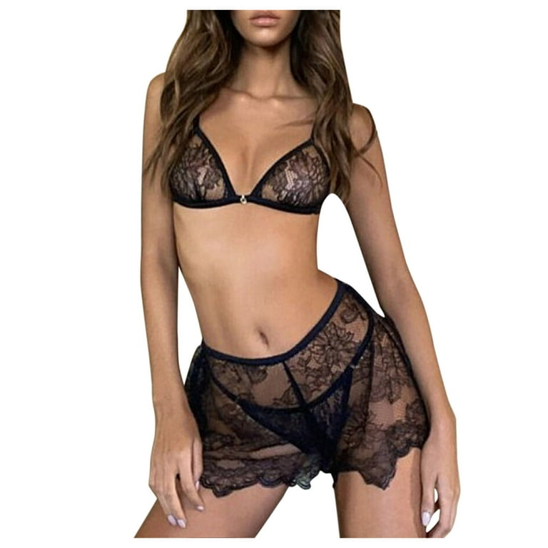 Women's Sexy Lace Lingerie Set See Through Underwear Floral Lace Underwire Sheer  Bra and Panty Set Shorts Nightwear Lounge Set 