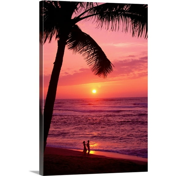 Great Big Canvas "Hawaii, Couple Silhouetted On The Beach At Sunset With Tall Palm Foreground"  by Tomas Del Amo Pink Burgundy   Wrapped Canvas Print Wall Artwork