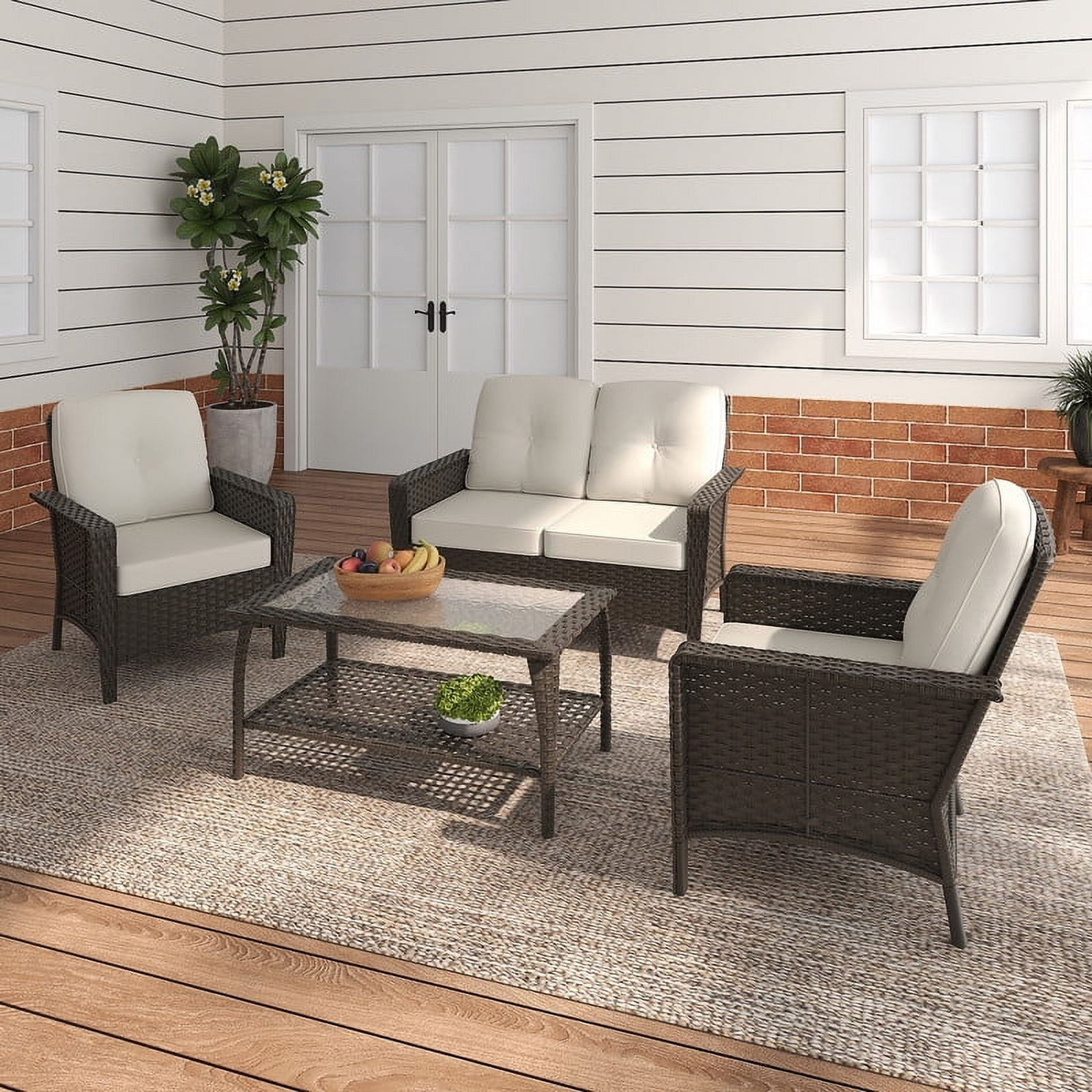 GAZEBETER 4 Piece Outdoor Patio Furniture Set,Wicker Patio Conversation Sets of 4,PE Rattan Wicker Table and Chairs Set with Cushions,Beige