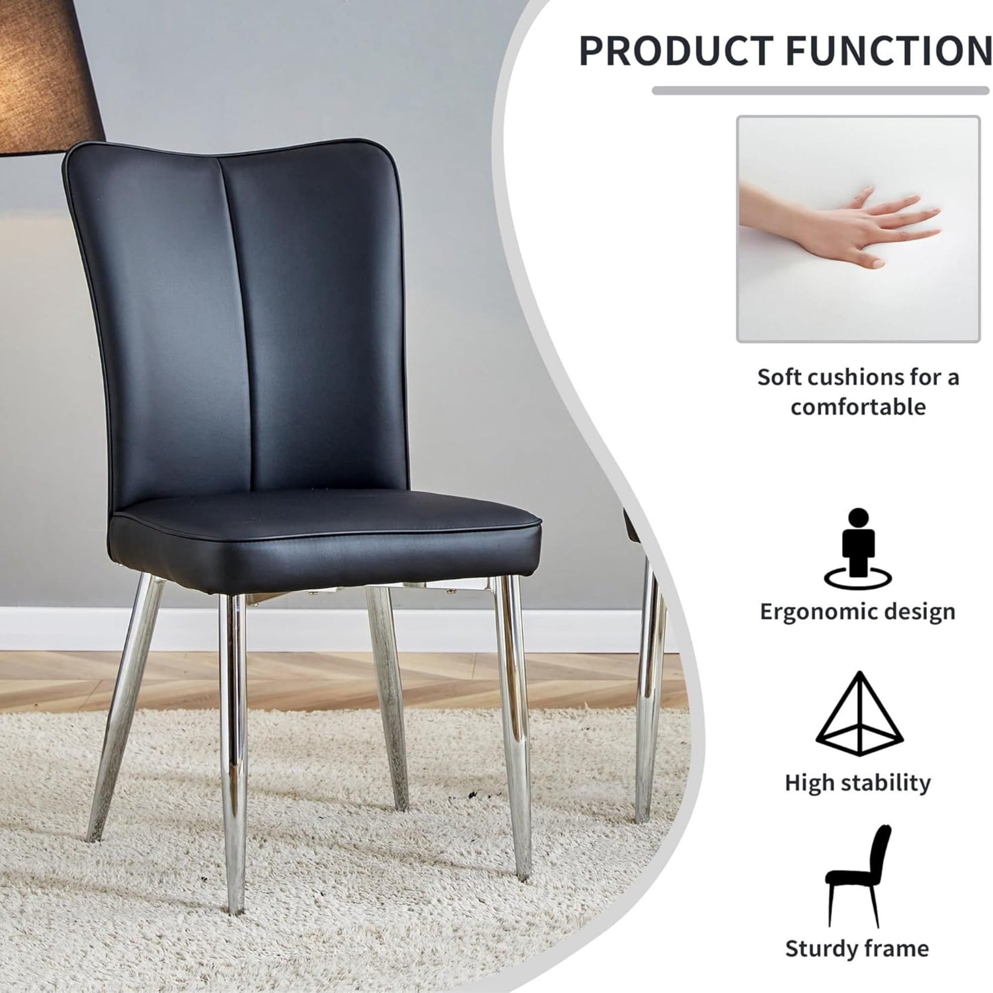 SUDICA Dining Chairs Set of 4, Black PU Leather Upholstered High Back Kitchen Chairs with Silver Metal Legs for Dining Room