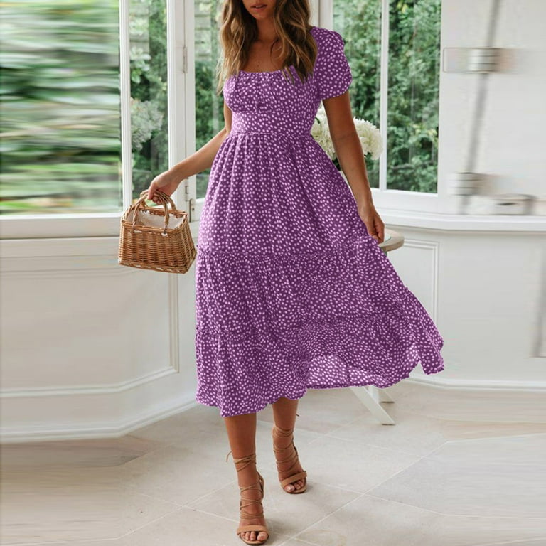 GEWSEY Dresses for Women 2025 Wedding Guest Summer V Neck Short Sleeve  Smocked Ruffle Hem A-Line Polka Dot Boho Maxi Dress (Purple, XXL) -  Walmart.com