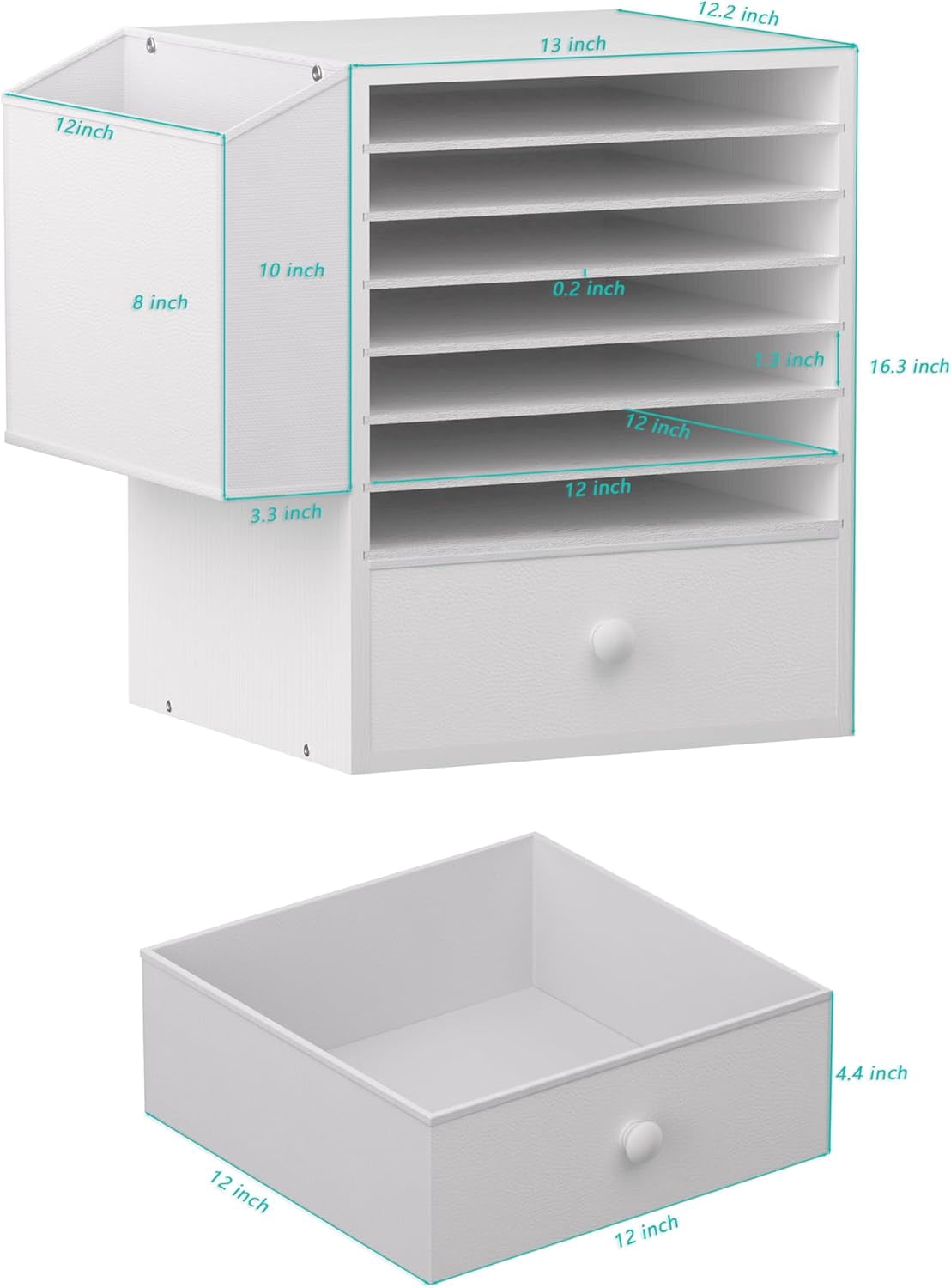 Wooden 12X12 Scrapbook Paper Organizer,7 Tier Adjustable Desktop File sorter with drawer,Craft&Stamp Cardstock Storage with Side Pocket&Name Slots for classroom,home offce，White