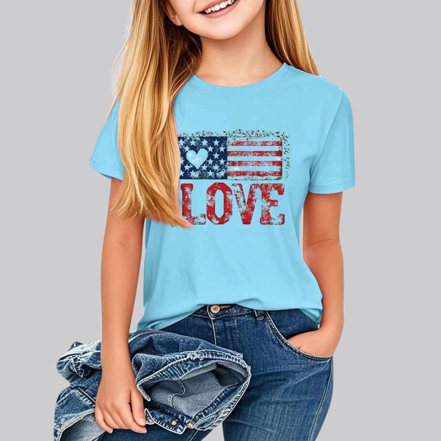 hengsof T-Shirt Imprimé Patriotique pour Filles à Thème Patriotique, Ample et Confortable, à Manches Courtes, Col Ras du Cou, Haut Convenant aux Enfants, Tailles 2-13 Ans
