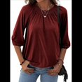 thumbnail image 3 of Camiseta de Cuello Redondo para Mujer, Blusa de Algodón de Media , Mangas 3/4, Informal, Holgada, Plisada, Básica. Vino Tinto XXL, 3 of 7