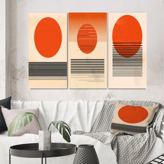 Designart "Minimalist Geometric Sunset in Bold Orange III" Modern Geometric Wall Art Set Of 3 - Orange Abstract Gallery Wall Set For Home Decor