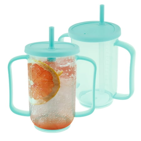 2Pcs Adult Sippy Cup 12 OZ Plastic Elderly Spill Proof Cup with 2 Handle and Reusable Straw for Home Seniors Liquids