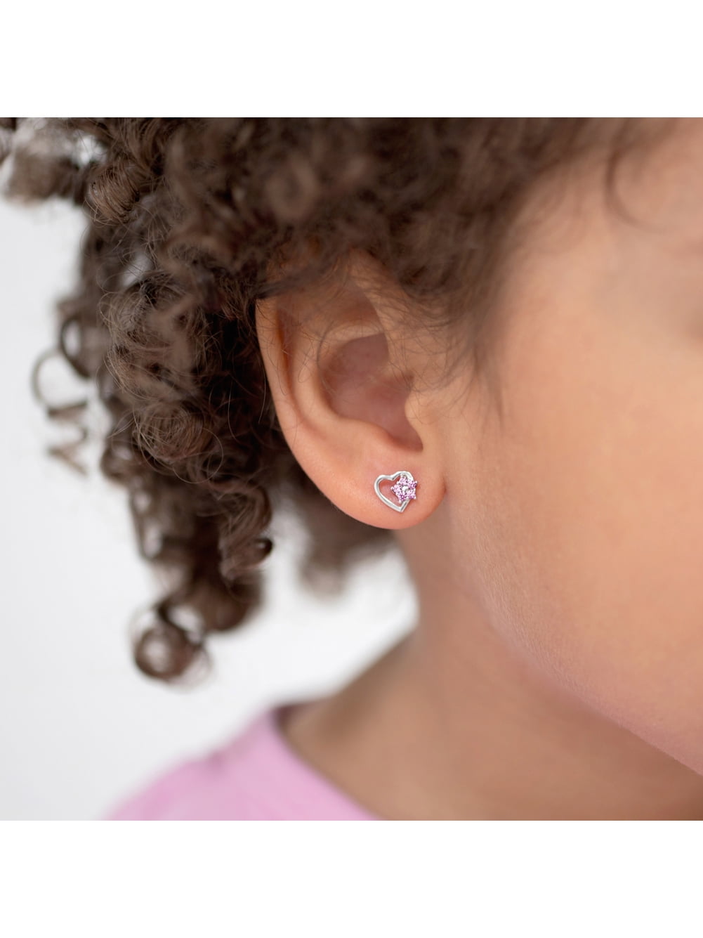 Heart & Flower Pink Baby / Toddler / Kids Earrings Screw Back - Sterling Silver