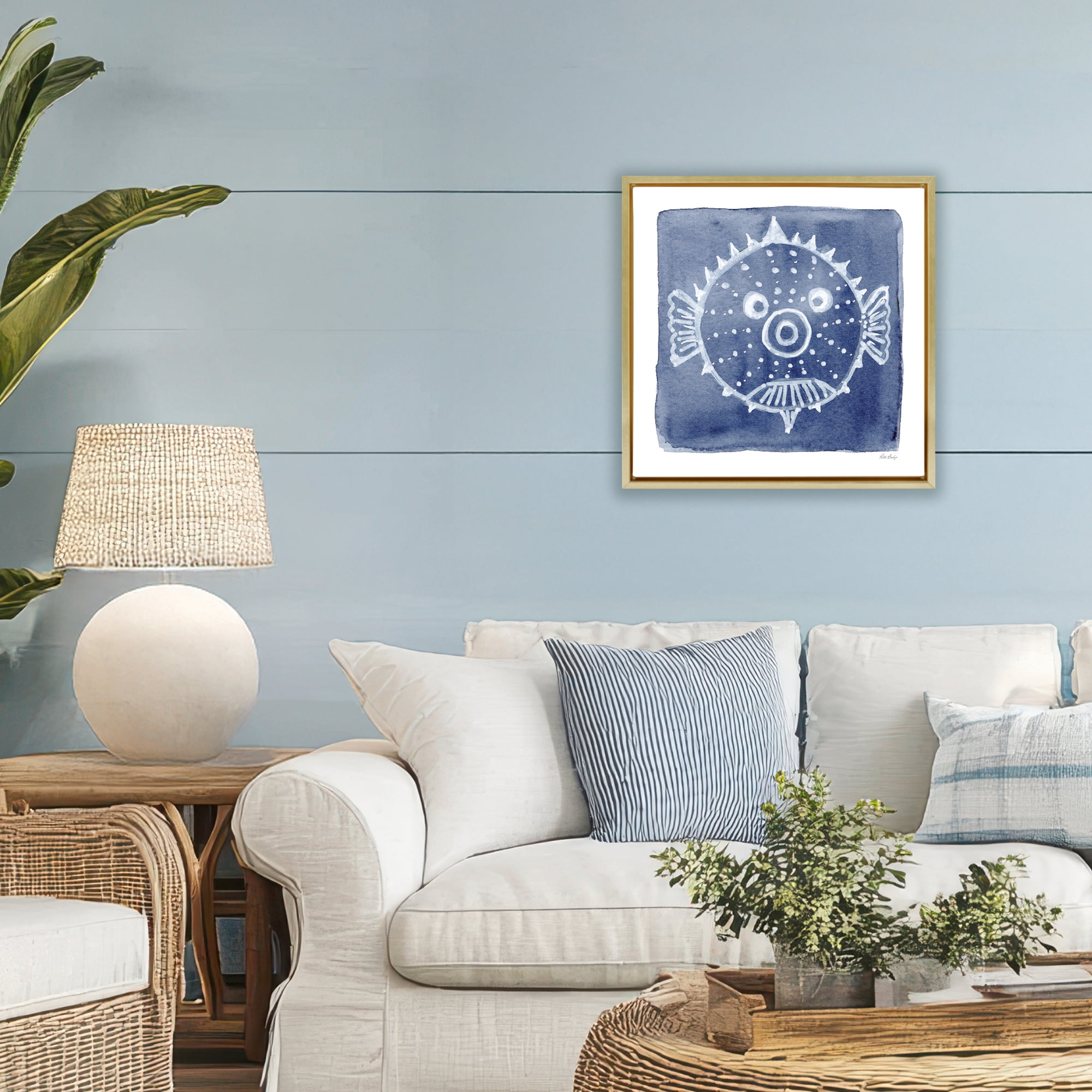 Stupell Industries White Blow Fish on Indigo Gold Framed Floater Canvas Wall Art, design by Patti Bishop