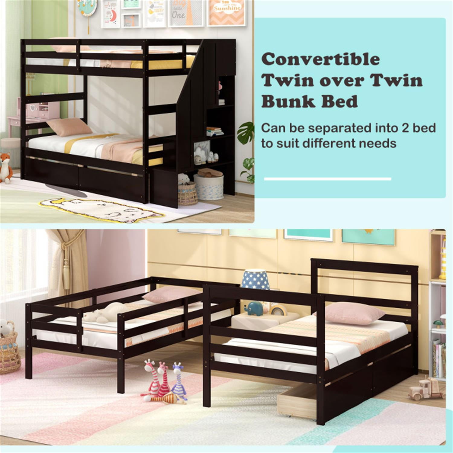 Demi Bonn Twin Over Twin Bunk Bed with Storage Stairs and Drawers, Solid Wood Bunkbeds Frame for Bedroom, No Box Spring Needed, Brown
