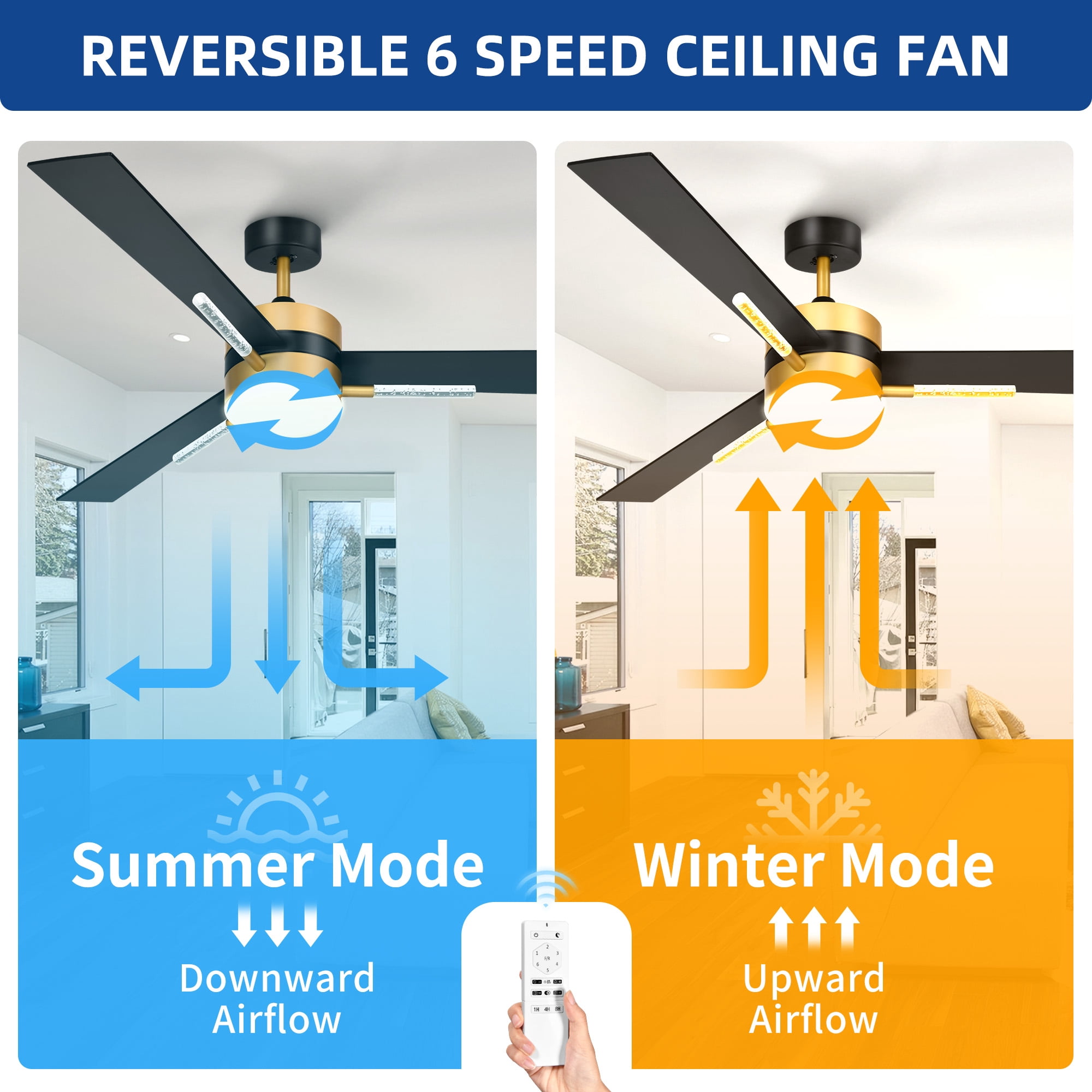 Uforic 60 inch Modern Ceiling Fan with Light and Remote, Crystal Chandeilier Ceiling Fan with 3 Blades,6-speed - Black & Gold