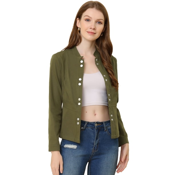 Chaqueta Informal Con Cuello Levantado, Liviana, De Manga Larga, Con Broches Al Frente Para Mujer Verde M