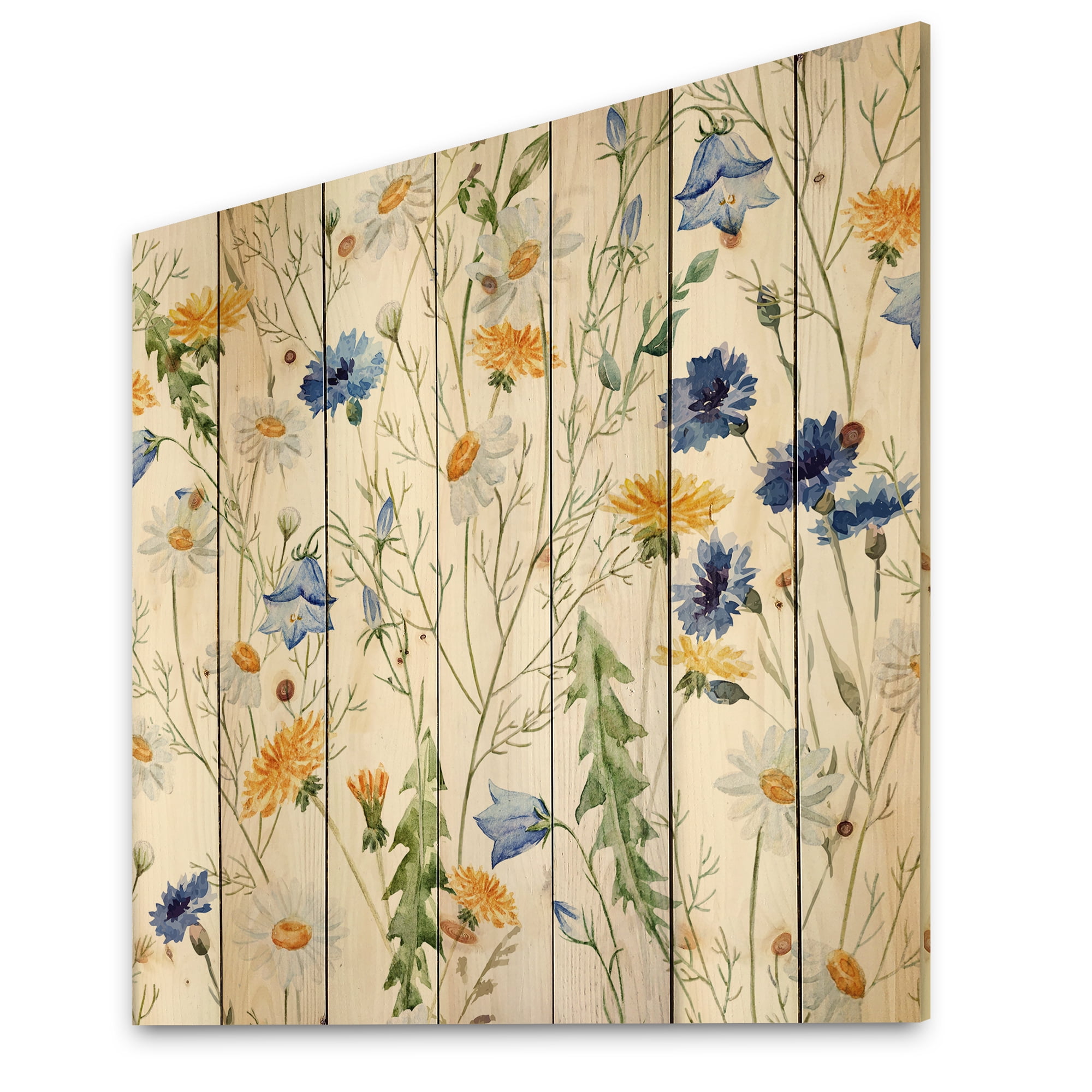 Designart 'Wildflowers Clover Bell and Chamomile II' Traditional Print on Natural Pine Wood