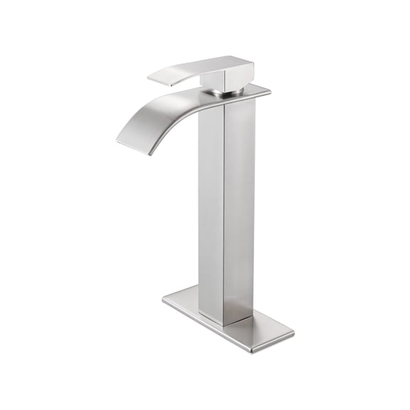 Cobbe High Arc Waterfall Bathroom Sink Faucet – Brushed Nickel Single Handle with Deck Plate for 1-Hole