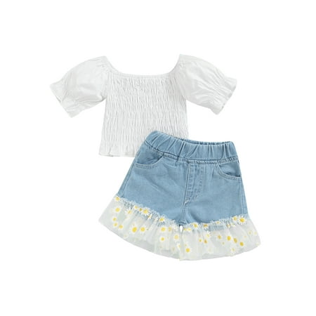 

xkwyshop Toddler Baby Girl Summer Clothes Short Puff Sleeve Crop Tops and Daisy Print Yarn Hem Denim Shorts 2pcs Sets 6-12 Months