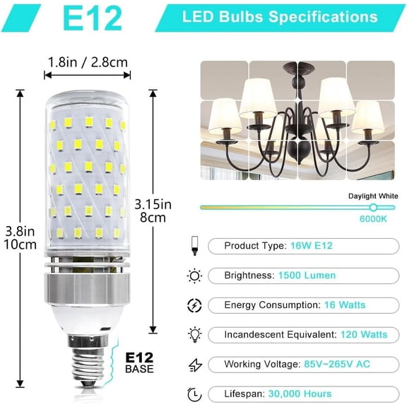 OPVM-Super Bright E12 LED Corn Bulbs, 16W 1500LM Bulbs, Daylight White 6000K Lights, CRI80 , 120W Incandescent Bulb Equivalent, E12 Base Non-Dimmable LED Lamp, 8 Pack