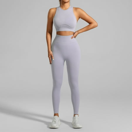 XDDLITP Womens Seamless Workout Sets Two Piece Padded Stretchy Ribbed Sports Bra Sets with High Waist Seamless Leggings Gym Work Out Outfits Clothes Gray M