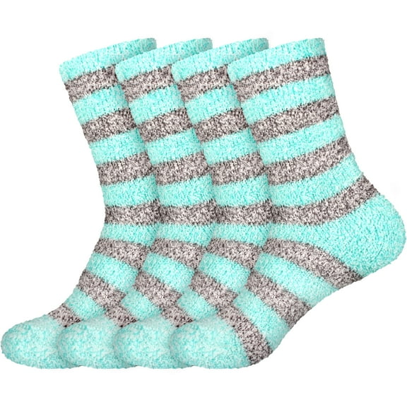 BambooMN Women's Soft Fuzzy Warm Cozy Comfy Fuzzy Plush Cute Striped Slipper Socks - Blue Grey - Extra Large - 4 Pairs