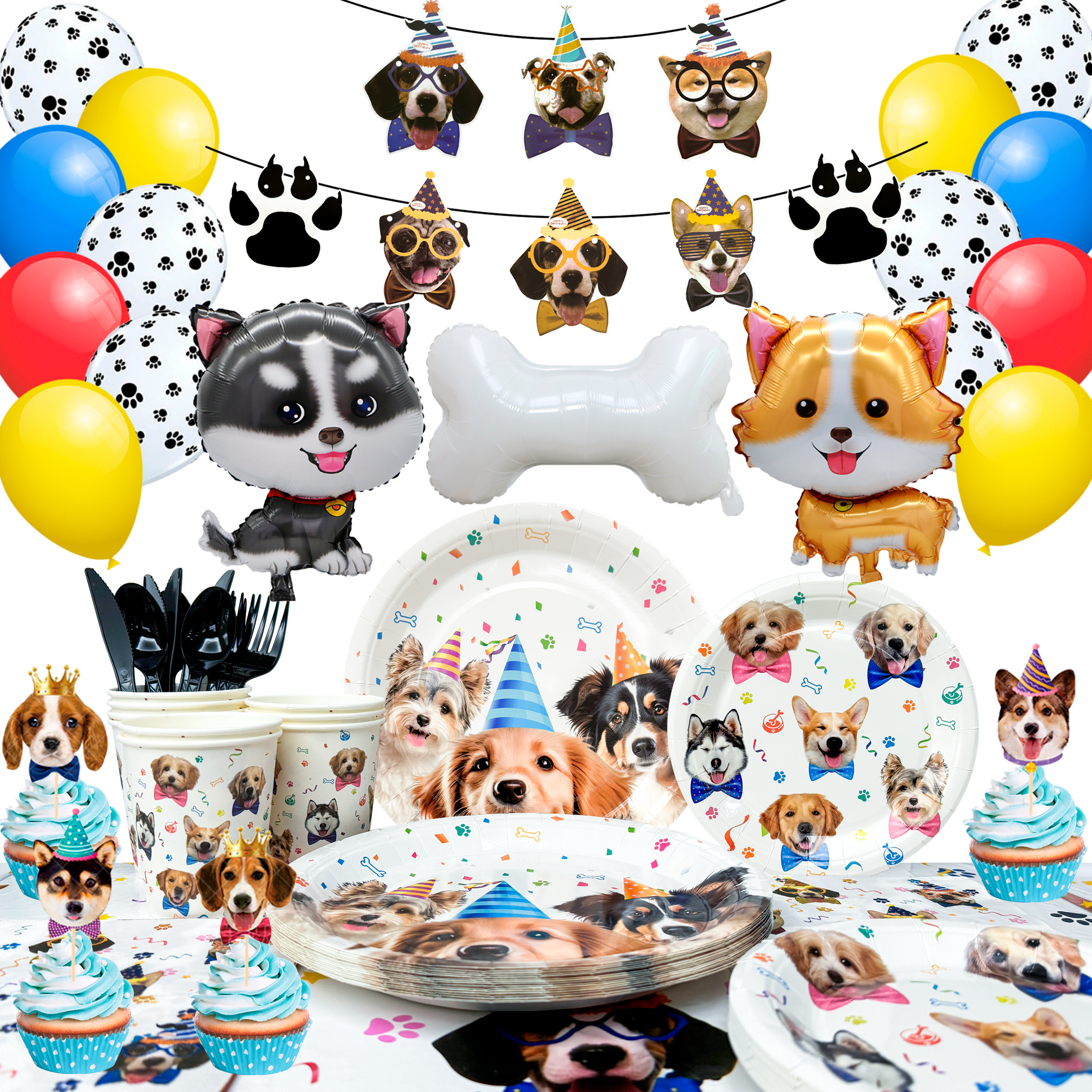 Durony 121 Pieces Blue Paw Print Party Supplies Dog Birthday Tablecloth