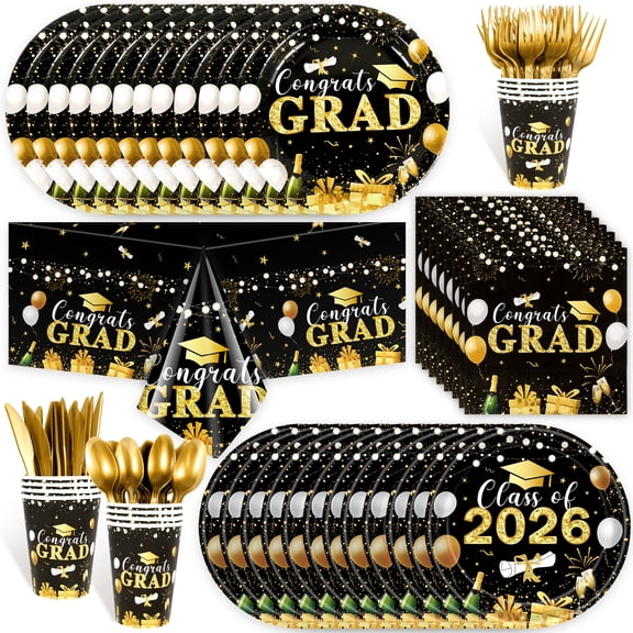 HOWAF 113pcs Graduation Decorations 2026, Congrats Grad 2026 Plates Disposable Dinnerware Graduation Set Napkins Plates Tablecloth Cups Cutlery for Congrats Grad Party Supplies Serve 16 Black Gold