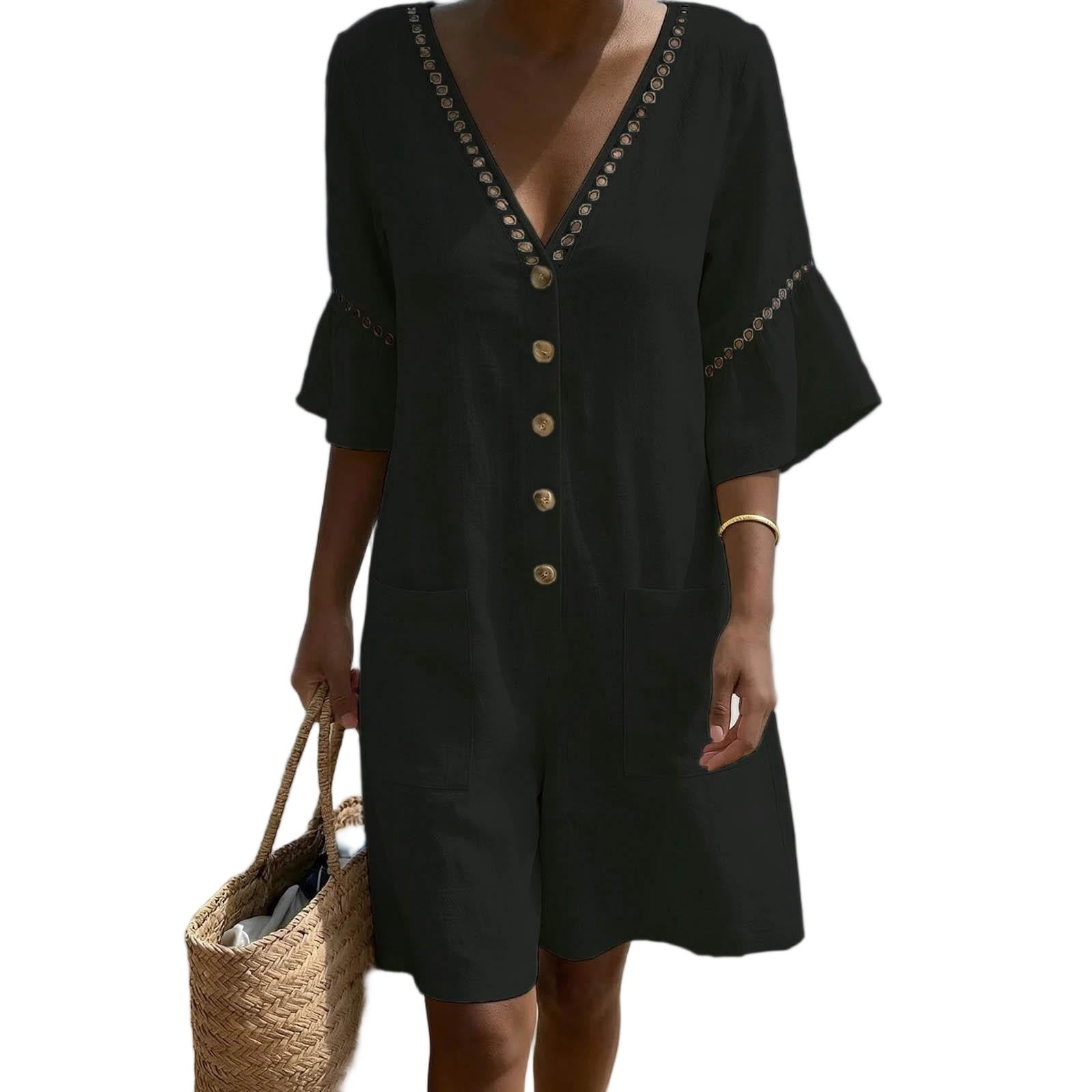 UPPADA Summer Beach Romper Womens V Neck Bell Sleeve Eyelet Button Front Jumpsuit Casual Comfy One Piece Overall Flowy Dress with Pockets Black,XXL