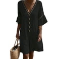 thumbnail image 2 of Gamivast Rompers for Women Linen Button Down V Neck Short Sleeve with Pockets Lightweightloose Fit Knee Length Romper Elastic Waist Vacation Beach Resort Summer Wear Black L, 2 of 8