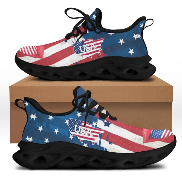 Zapatillas planas de malla con bandera de EE. UU., zapatillas gruesas con estampado personalizado de bandera estadounidense, zapatillas suaves de diseño nacional, zapatillas para correr para hombre