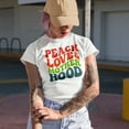 thumbnail image 2 of Peace, Love & Motherhood, Groovy Retro Wavy Text Merch Gift, Tan T-Shirt, Large, 2 of 5