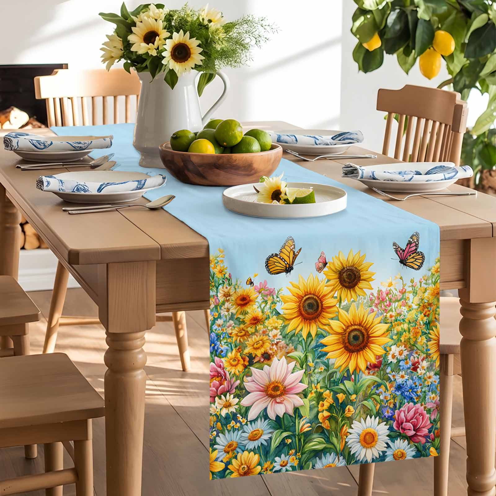 Watercolor Sunflower Butterfly Table Runner 90 Inches Long, Summer Garden Pastoral Plants Table Runners Tabletop Scarf Kitchen Dining Tables Decoration for Home Party Indoor Outdoor