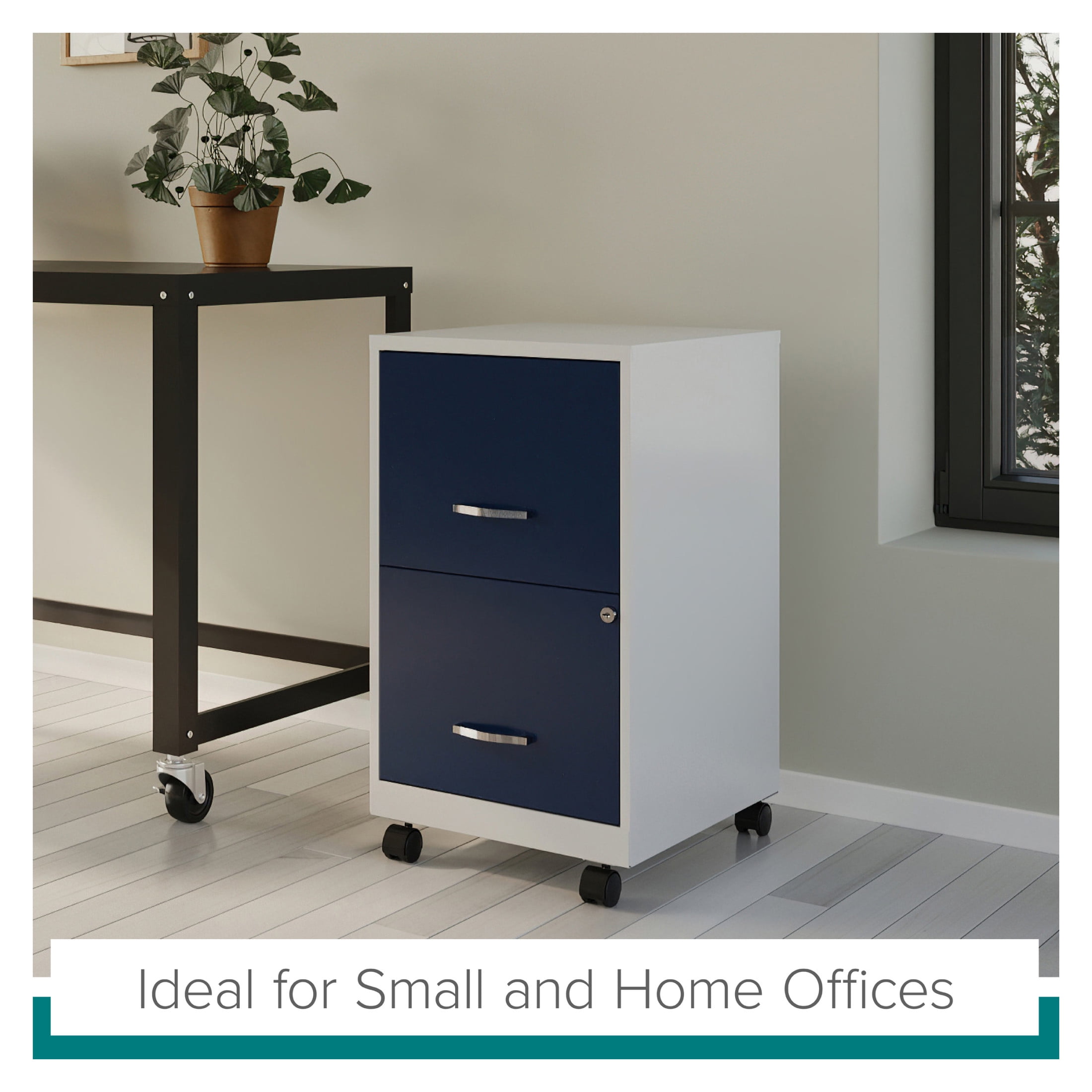 Space Solutions 18" Deep 2 Drawer Mobile Letter Width Vertical File Cabinet, White/Navy