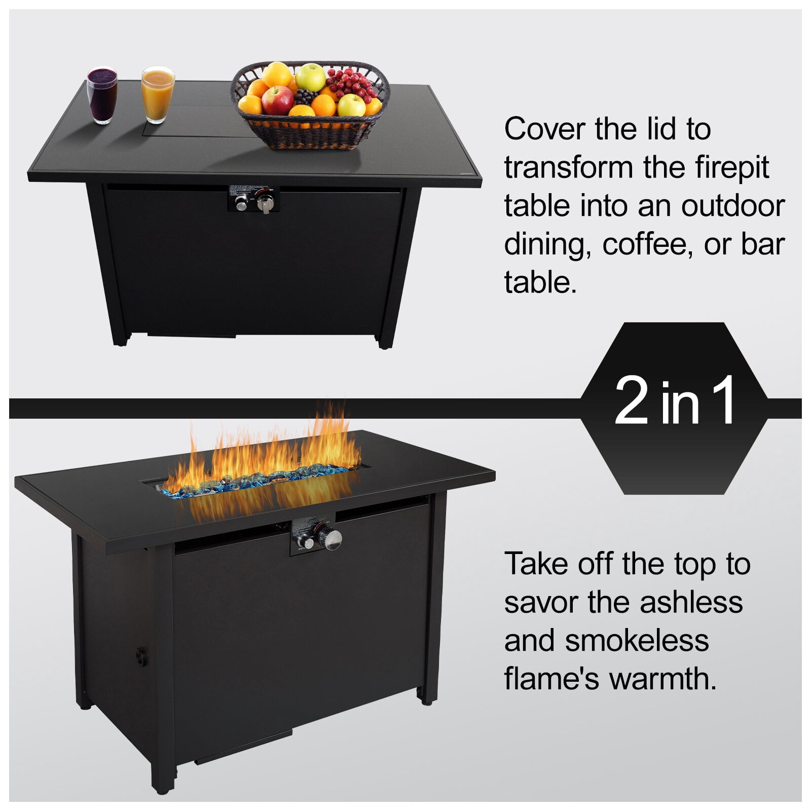Tabletop Heater, 25" H x 42" W Steel Outdoor Fire Pit Table with Lid, Black Patio Heater,Steel Outdoor Heater For Deck, Garden & Outdoor Heating