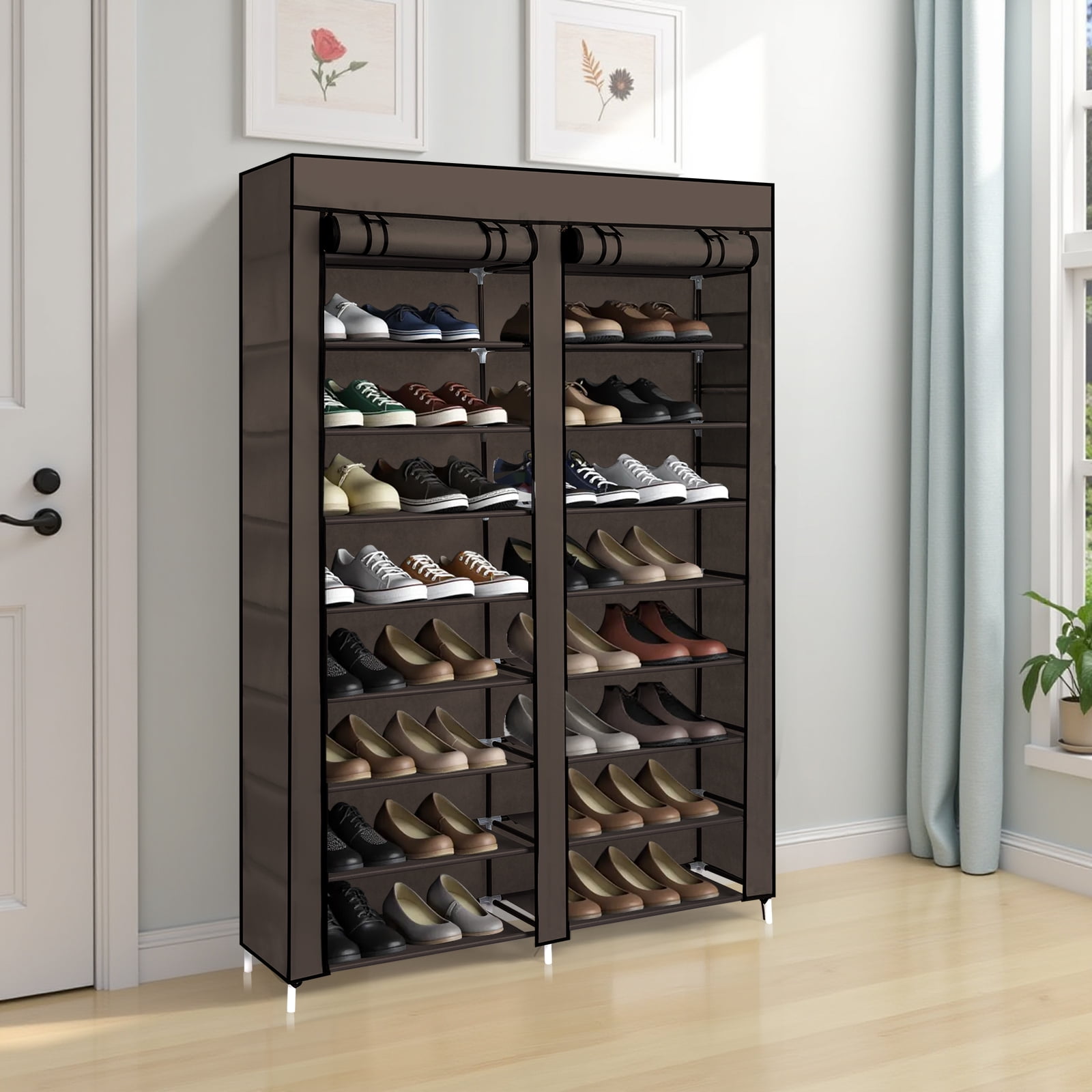 Ktaxon Shoe Rack Storage Organizer, 10 Tiers Double Row Portable Nonwoven Fabric Cover Shoe Rack Holds up to 40 Pairs, Coffee