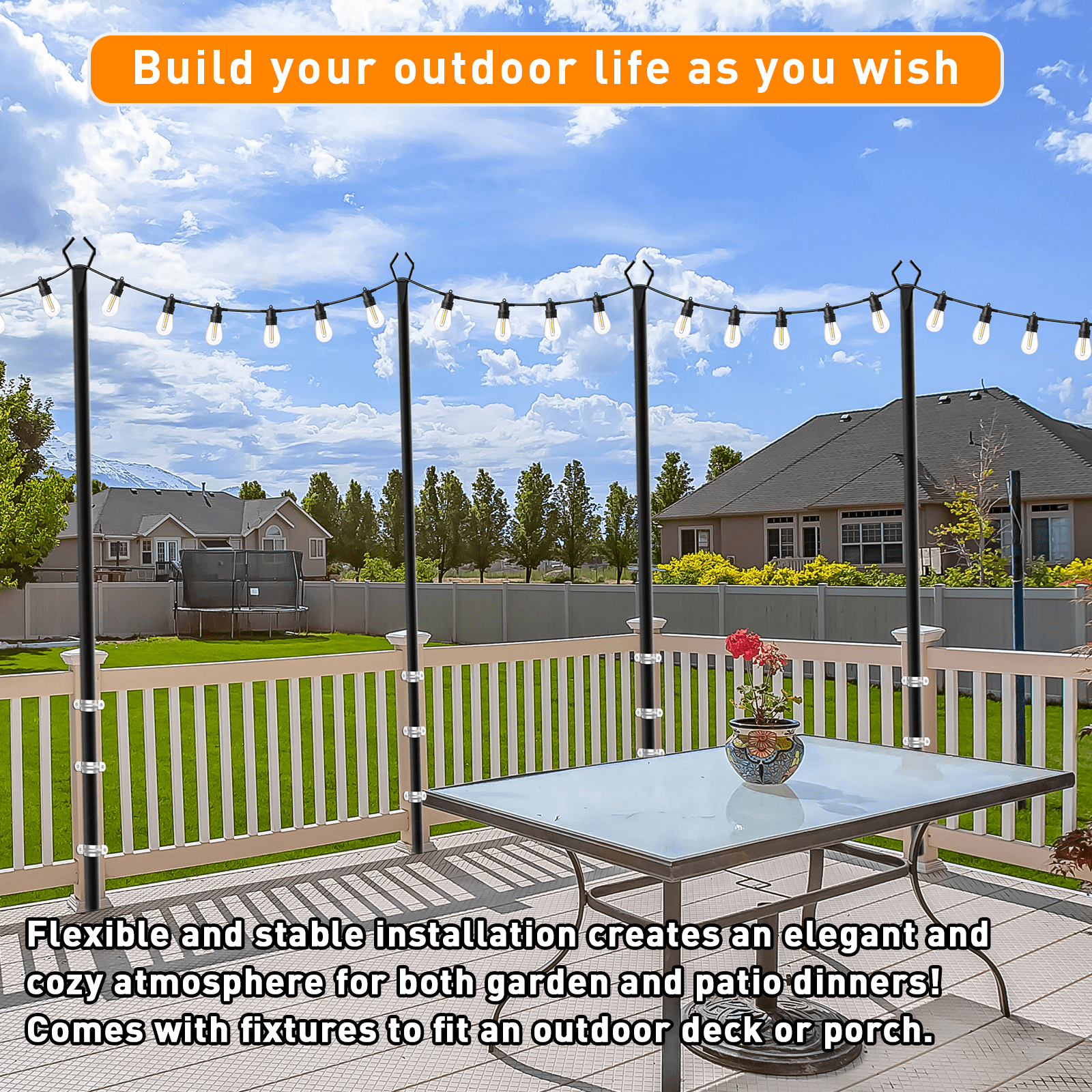 7Pack String Light Poles, 10ft Light Poles for Outside String Lights, Outdoor Lights Pole with Fork, Metal Poles Stand for Patio Deck Backyard
