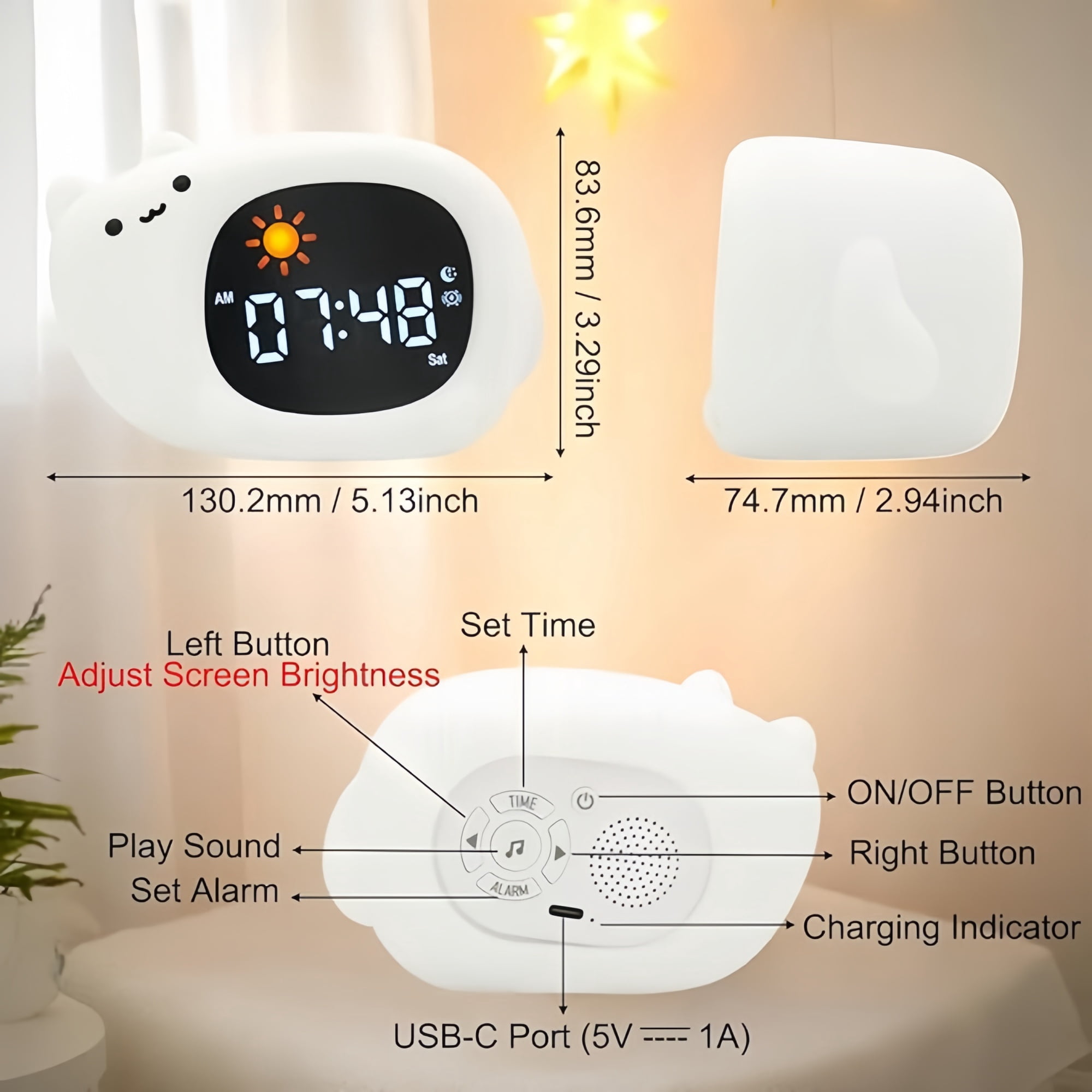 Children's Alarm Clock - Toddler Sleep Training Alarm Clock, Rechargeable Sleep Aid with Soft Night Light and Touch-Activated Function, Sleep Companion for Boys and Girls