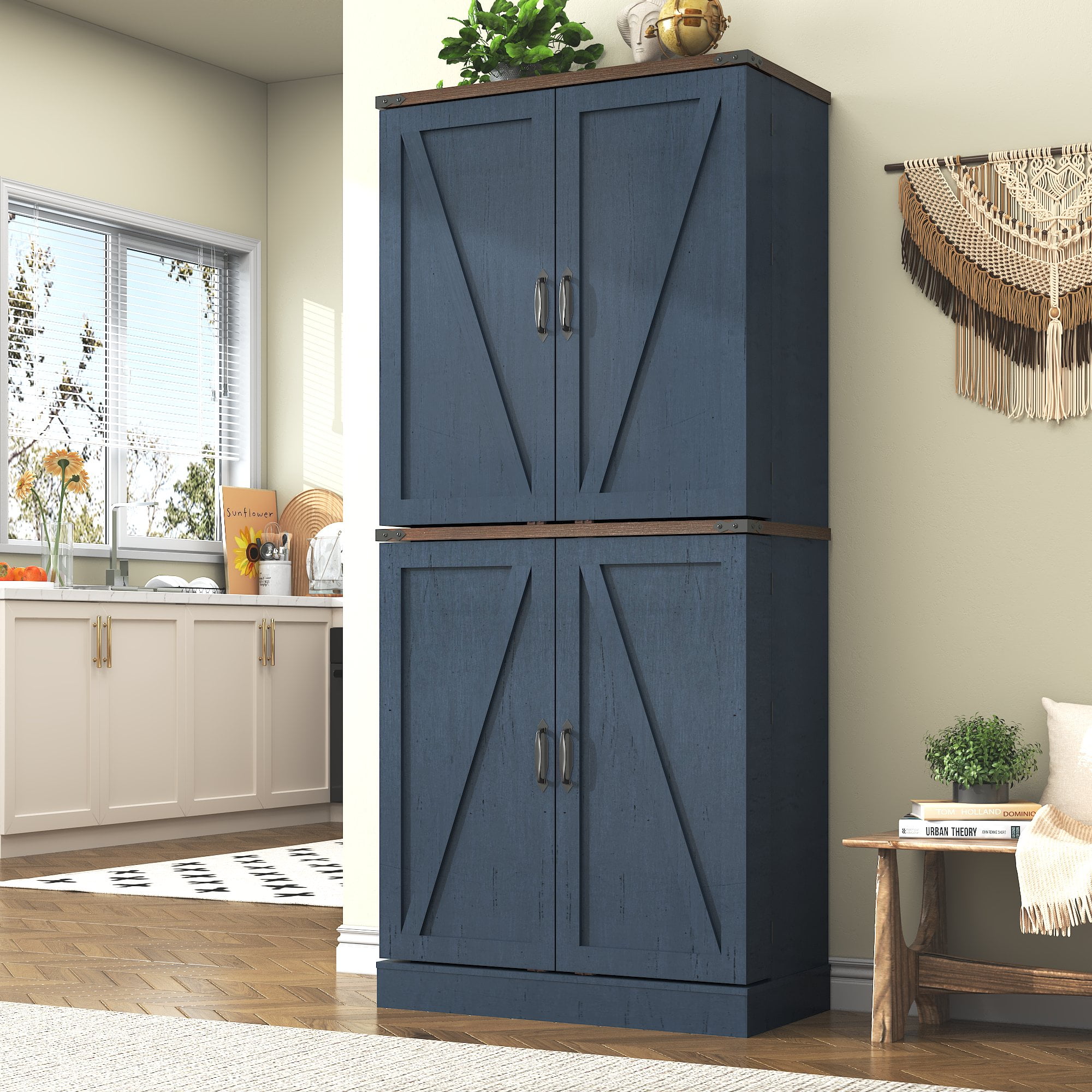 71" Tall Farmhouse Kitchen Pantry with 12 Side Shelves & Adjustable Shelves, 5 Layers Pantry Storage Cabinet w/Load-Bearing Steel Pipe & 4 Barn Doors for Kitchen, Dining Room, Living Room, Blue