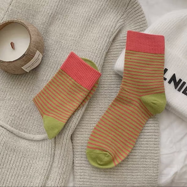 Nvzi 5 pares de calcetines de rayas coloridas de estilo retro, lindos calcetines deportivos para mujer, anillo rojo