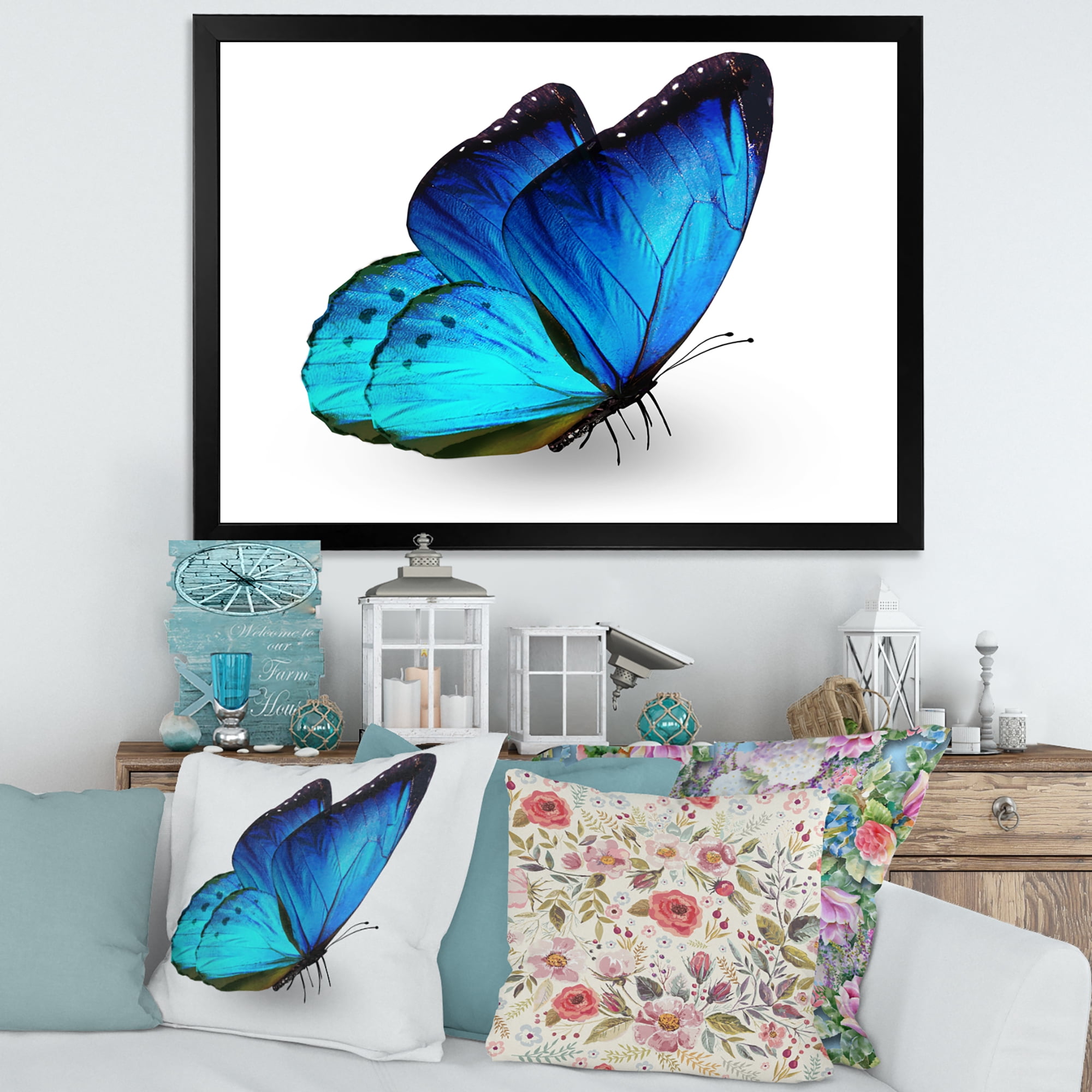 Designart 'Close Up Of Vibrant Blue Butterfly On White' Modern Framed Art Print