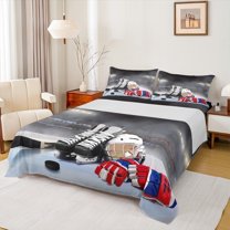 Castle Fairy Ice Hockey Gamer Full Size Sheets 4-Piece for Kids Teens,Sport Theme Breathable Bed Sheets,Ball Game Lightweight Sheet Sets,Breathable Home Decor