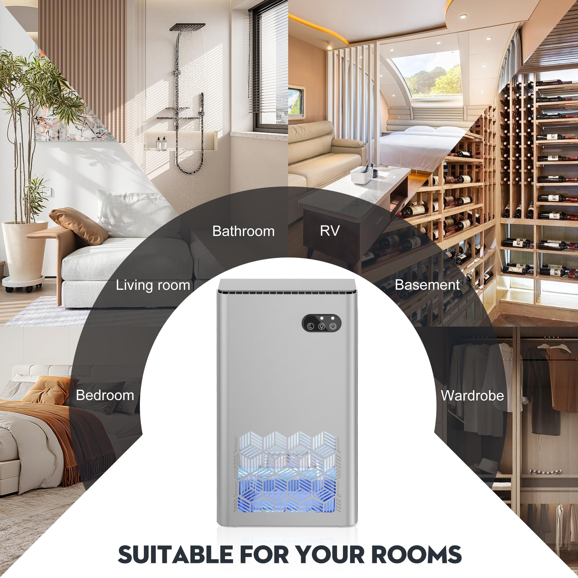 Dehumidifier, 95 OZ Water Tank, 950 sq.ft Dehumidifiers for Home Bedroom Basement Bathroom with Auto Shut Off, 7 Colors LED Light,Silver