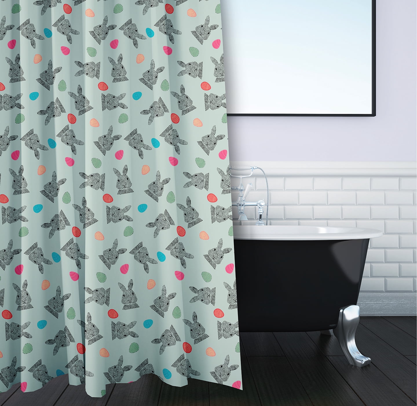 Simply Daisy 70" W x 73" L Bunnies and Eggs Polyester Shower Curtain, Breezeway Green [1 Ct]