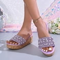 thumbnail image 2 of Rokment Women's Sparkly Sequin Pearl Platform Wedge Dressy Slip On Sandals Bridal Bling Elegant Platform Chunky Heeled Dress Slides for Bride Wedding Summer Purple Size 7, 2 of 7