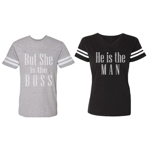 But She is The Boss He is The Man Matching Couple Cotton Jerseys (Men Heather / Women Black) (Men S / Women S)