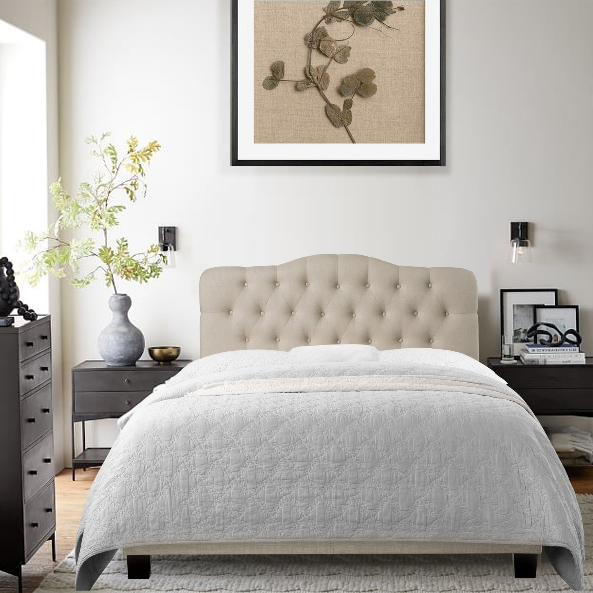 Gewnee Beige King Platform Bed,Linen Fabric Padded Headboard,Solid Wood Slat Support & Sturdy Construction,Ideal for Bedroom,Box Spring Required