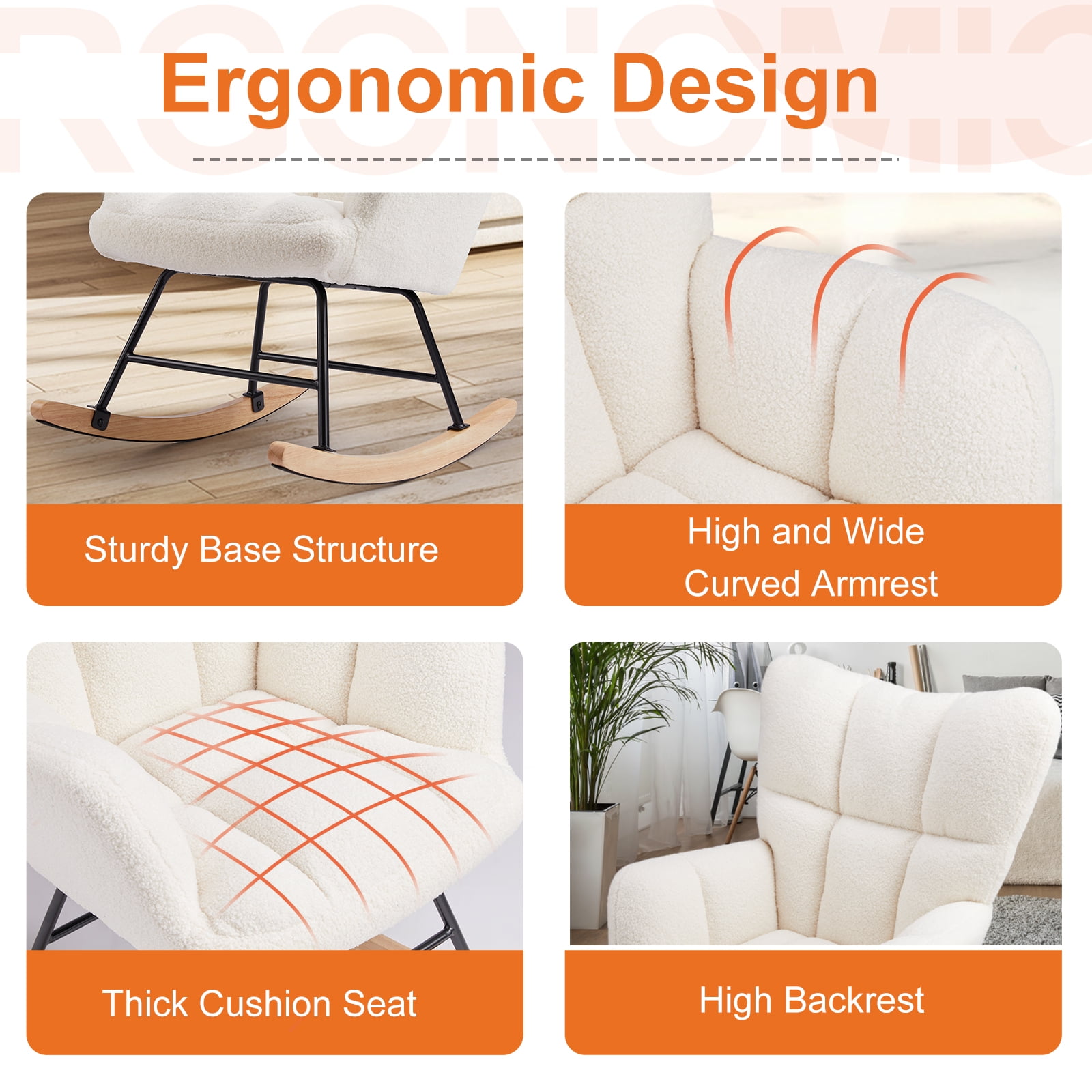 EDX Modern Rocking Chair, Teddy Upholstered Glider Rocker with High Backrest and Armrests for Living Room & Bedroom, Beige