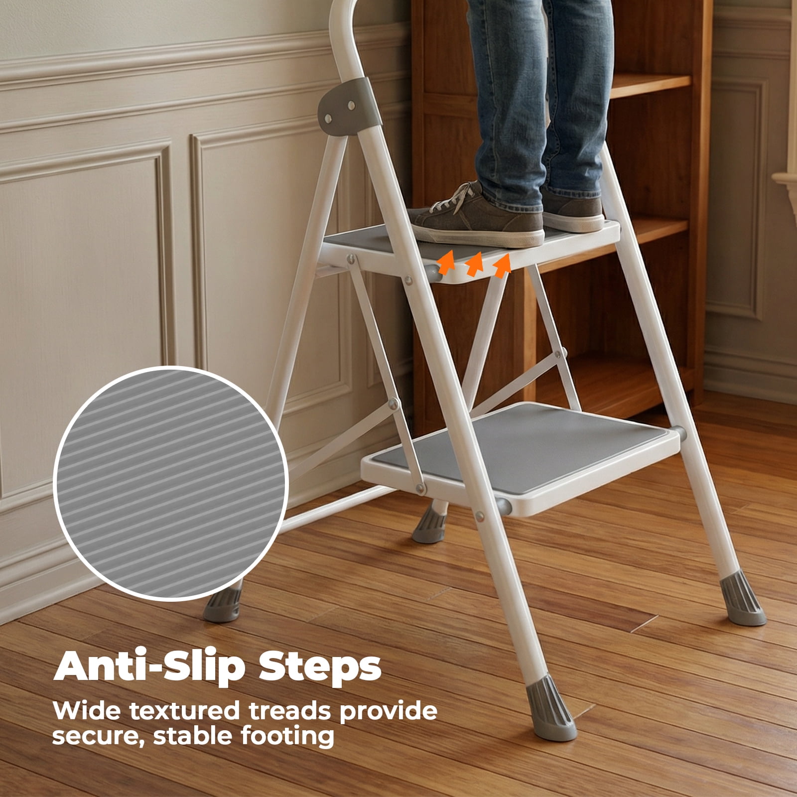 Alvantor Step ladder, 2-Step Ladder Stool, 800lbs Capacity, Anti-Slip Treads & Handles, Foldable Ultra-Thin Design, Grey/Black