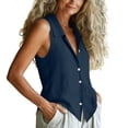 thumbnail image 5 of Sevevn Women's Linen Sleeveless Button-Down Shirt Collared V-Neck Casual Blouse Navy S, 5 of 6