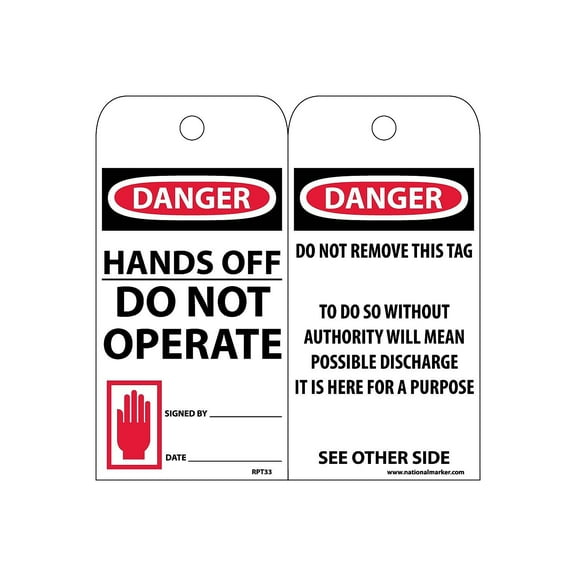 National Marker Accident Prevention Tags; Danger Hands Off Do Not Operate 6X3 Unrip Vinyl 25/Pk