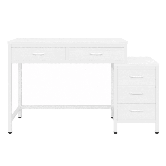 KIOOTTO Writing Desk with Five Drawers and Side Cabinet, White