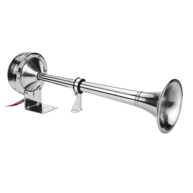 bocina de aire de una sola trompeta v bocina de aire de 16 pulgadas para camiones, trenes vista frontal de una bocina metálica plateada de 4.1x15.7 pulgadas con tubo largo y campana acampanada, base y soporte de montaje de metal y cable rojo y negro desde el alojamiento del motor; diseñada para alimentación 12V y alertas sonoras en camiones y trenes, también a menudo usada en carritos de golf o embarcaciones pequeñas.