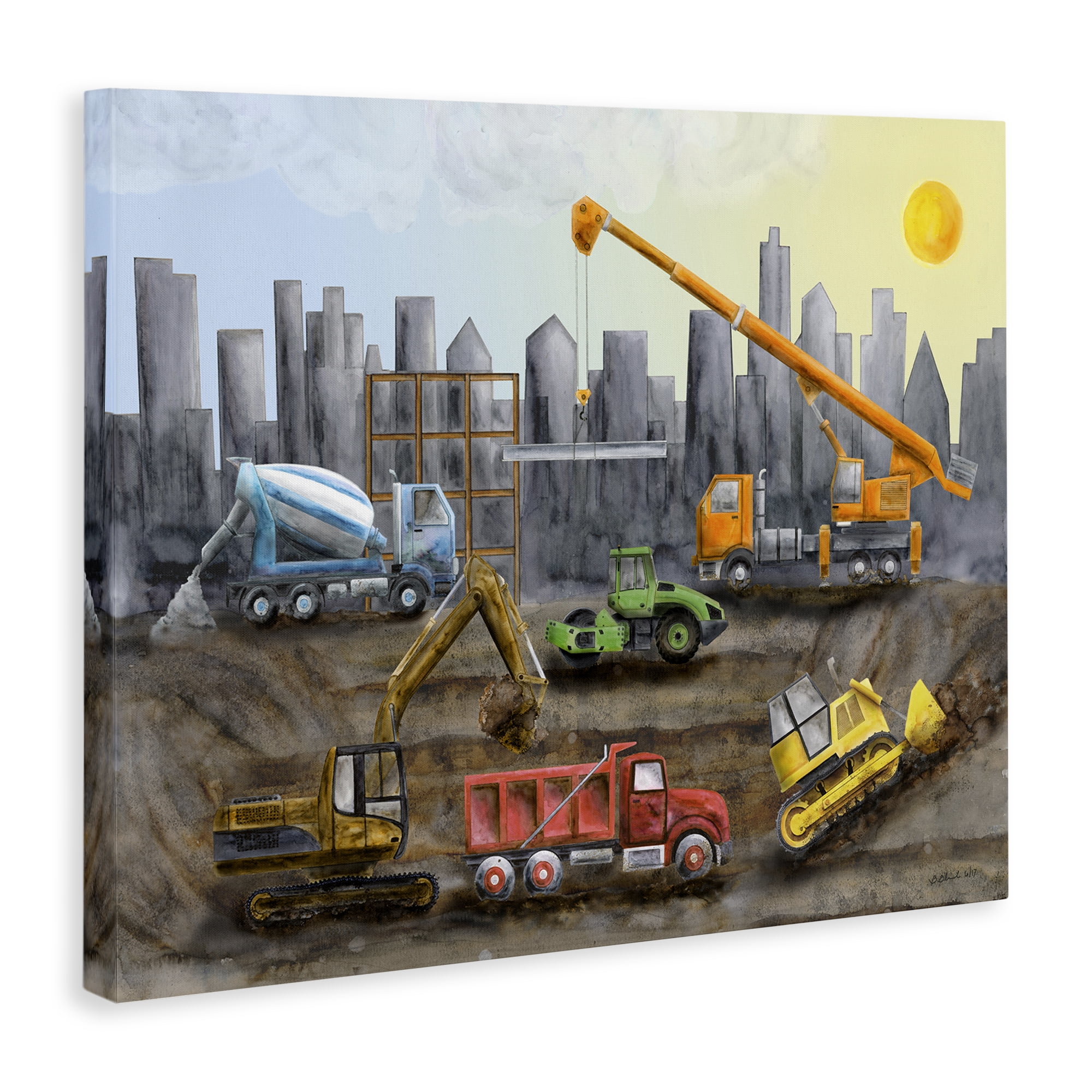 Stupell Industries Construction Trucks Skyline Transportation Painting Wrapped Canvas Art Print Wall Art, 48 x 36